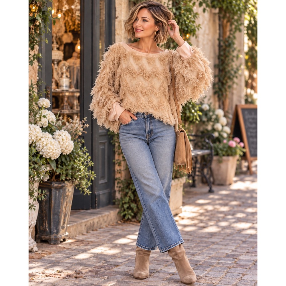 Vine & Love Eyelash Fringe Sweater Top Medium Champagne Beige